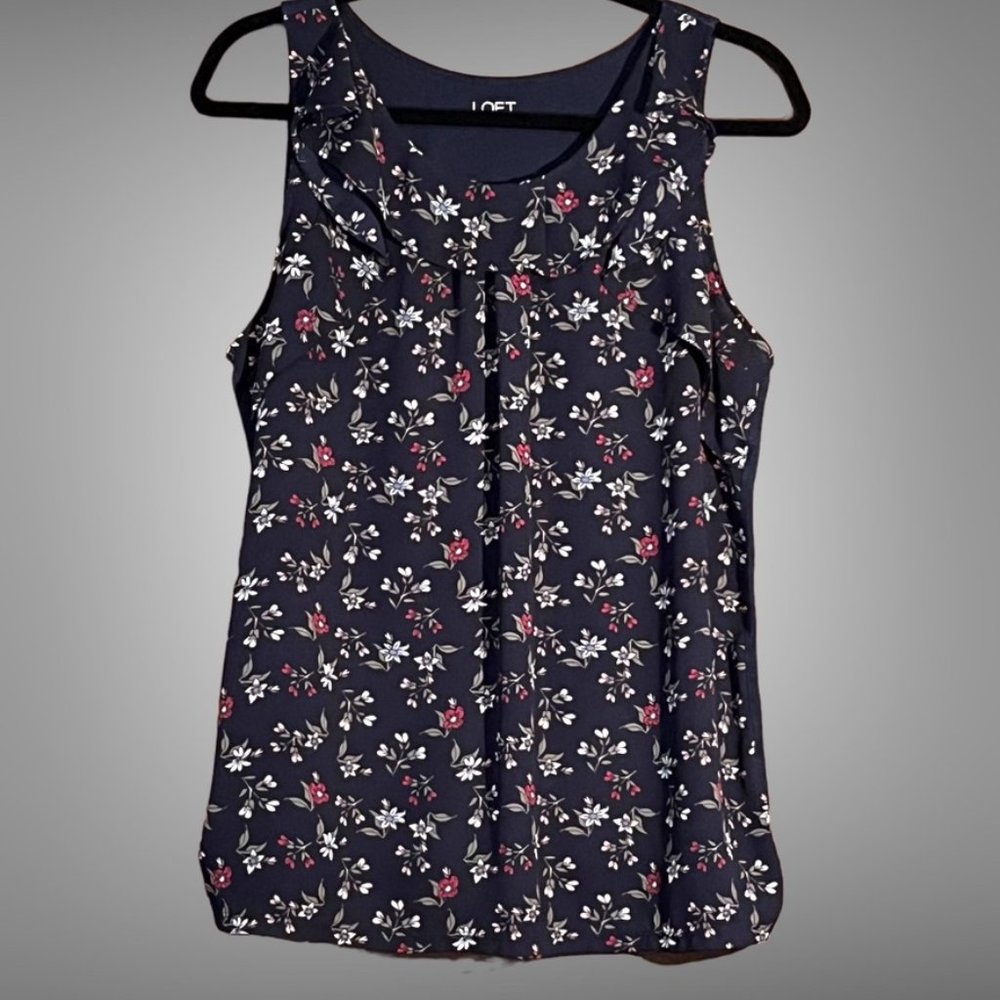 LOFT Outlet size L mixed media navy floral patterned flutter blouse career top